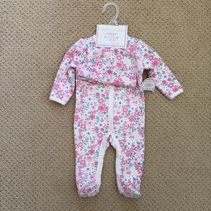 Floral Button Footie - Pink and White 3-6m